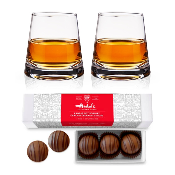 Burke Crystal Whiskey Glasses + André's Chocolates Whiskey Caramel Chocolate Drops